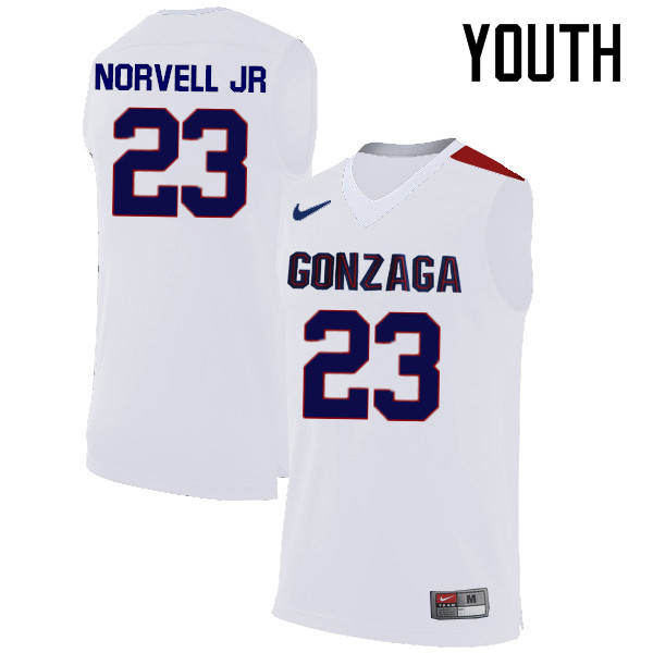 Youth #23 Zach Norvell Jr. Gonzaga Bulldogs College Basketball Jerseys-White - Click Image to Close